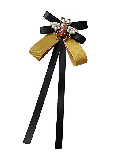 Vpang Pearl Bee Bow Brooch Pin Shirt Tie Pre-Tied Neck Tie Bowknot Satin Ribbon Bow Tie for Christmas Wedding Party