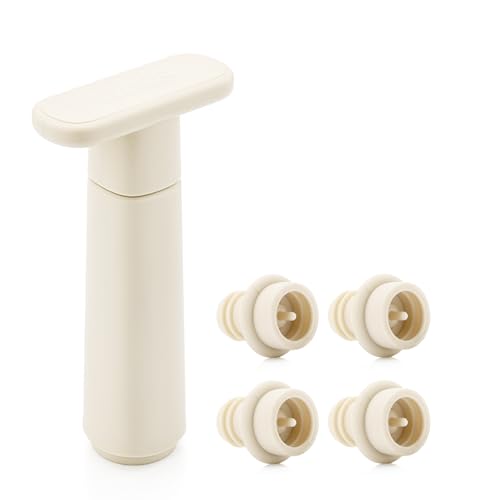 Image of WOTOR Wine Saver Vacuum Pump with 4 Stoppers, Wine Stopper & Preserver, Reusable Bottle Sealer Keeps Fresh, Ideal Accessories Gift, Flat Handle (Cream)