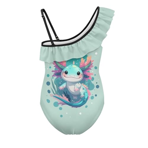 Image of WELLFLYHOM Axolotl Girls One Piece Swimsuits 3-14 Ruffle One Shoulder Bathing Suits Full Coverage Beachwear