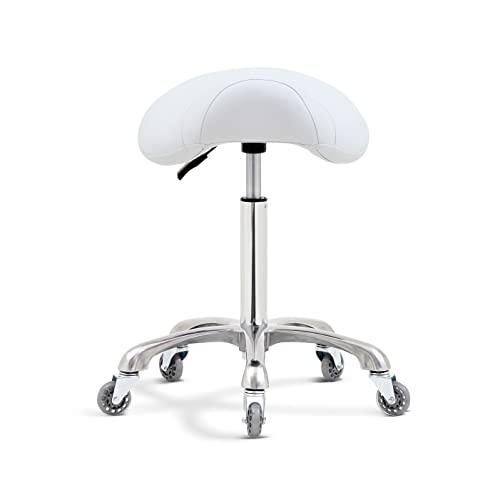 Image of Antlu Saddle Stool Chair for Massage Clinic Spa Salon Cutting, Saddle Rolling Stool with Wheels Adjustable Height (White)
