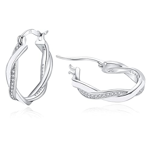 HEEYA Silver Hoop Earrings for Women Girls, Sterling Silver Hoops Sleeper Huggies Earrings, Hypoallergenic Twist Earring Cubic Zirconia Jewellery Gift, Gold/Rose Gold/Blue/Black/Red - 15/20mm