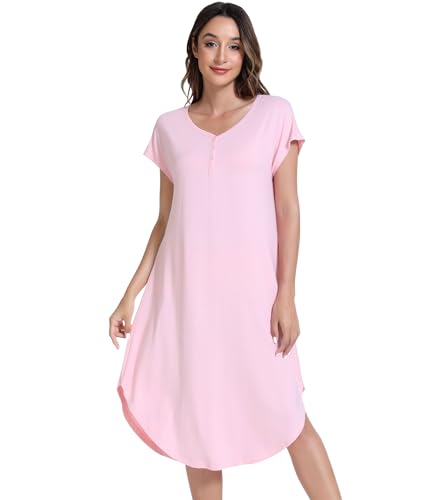 Image of NACHILA Bamboo Viscose Nightgown for Women Short Sleeve Crew Neck Sleepwear