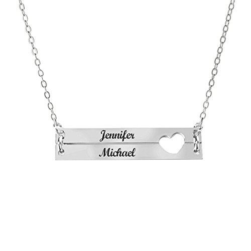 925 Sterling Silver Personalized Double Bar Pendant with Heart Necklace Custom Made with 2 Names