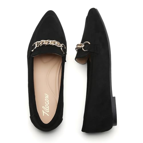 Image of Tilocow Metal Chain Loafers for Women Pointed Toe Slip on Flats Comfortable Fashion Work Shoes