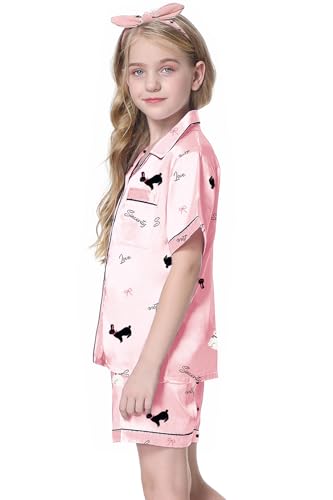 Image of Schbbbta Girls Womens Pajamas, Satin Silky Pjs Set Kids 2Pcs Button-Down Nightwear Sleepwear Gift for Mommy and me