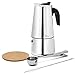 Joejis Cafetiere italienne induction 300ml 6 tasses Cafetière en acier inoxydable Moka Pot - Ensemble comprenant un sous-verre, une cuillère, un pinceau