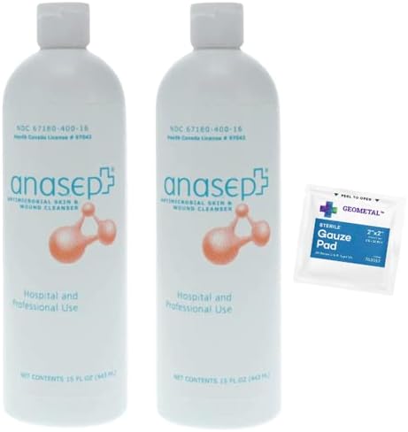 Anasept Skin and Wound Cleanser 15 oz (Pack of 2) Clean Cuts and Scrapes, Sterile Rinse, Healing Cleanser Comprehensive Wound Care for Effective Cleansing, Healing and Burn Relief with GeoMetal™ Gauze