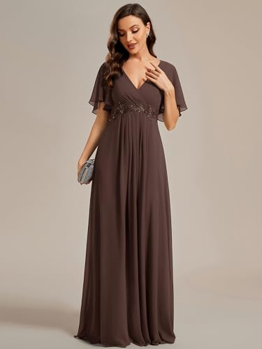 Image of Ever-Pretty Womens V Neck Applique Mother of the Bride Dresses Formal Dress | Chiffon, Short Sleeves, Ruched, A-Line, Bridesmaid Dresses, Formal Gown, Black Tie Dress