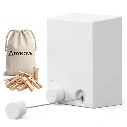 DYNOVE® - Tendedero retractil de Pared con una Cuerda de Acero de 4,2 m – Tenderete Extensible Resistente y Compacto - Tendedero Extensible Pared con Pinzas de Madera y Bolsa de Tela incluida