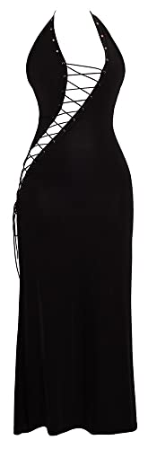 Orion Kleid - erotisches Neckholder-Kleid für Frauen, mit offener, diagonaler Kreuz-Schnürung, tiefes Dekolleté, rückenfrei, schwarz