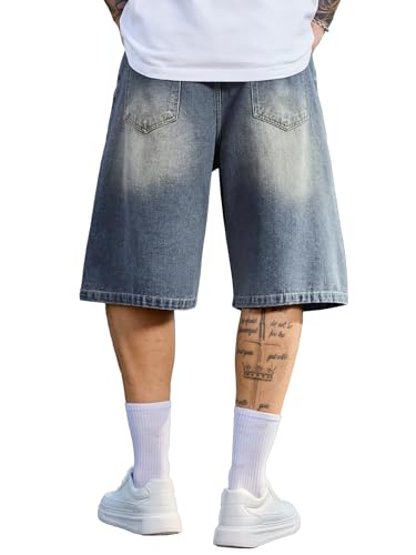 Image of PLEPAN Mens Super Baggy Jean Shorts 12 inch Vintage Loose Fit Wide Leg Long Jorts Y2K Streetwear Below Knee Denim Shorts
