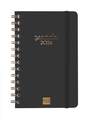 Finocam - Agenda Espiral 2026 Semana Vista Horizontal | Enero - Diciembre (12 meses) | Agenda Anual 2026 con goma | Espiral Doble Tapa Dura Alma - Negro - Español