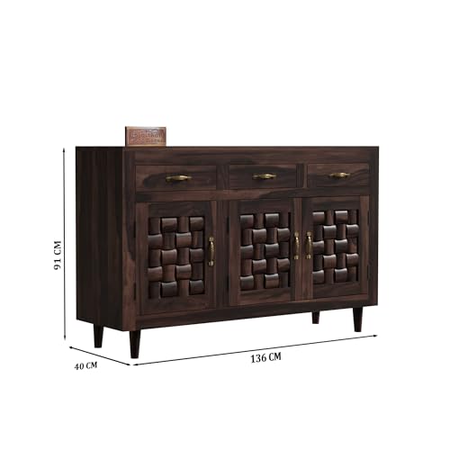Image of Solid Sheesham Wood Sideboard Cabinet Storage with 3 Door & 3 Drawer Wooden Storage Organizer Cabinet for Home Kitchen Living Room Bedroom Hallway Dinning | Walnut Finish | Pre-Assembled