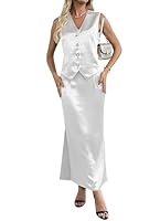 Damen Satin-Outfits, 2-teilig, lang, Maxi-Rock, glänzend, seidig, Weste, Anzug, Business, lässig, formelle Sets, Weiss/opulenter Garten, Mittel