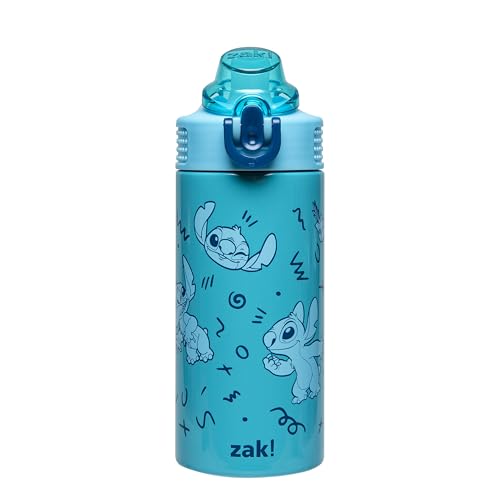 Image of Zak Designs Disney Sage Kids Water Bottle For School or Travel, 14oz Stainless Steel Water Bottle With Straw, Handle, and Leak-Proof, Pop-Up Spout Cover (Stitch)