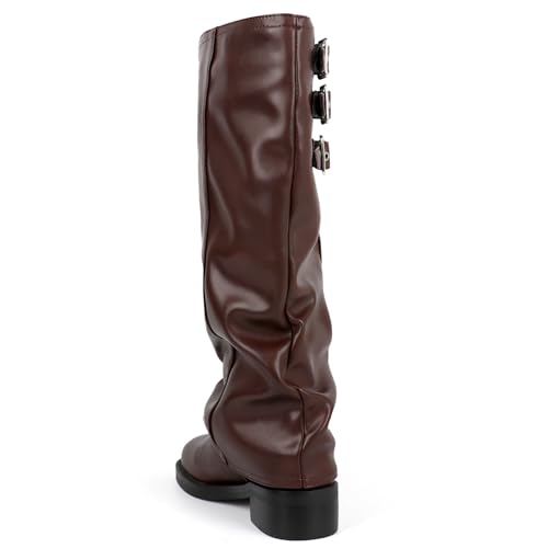 Image of ClassicSter Fold Over Knee High Boots Slouch Boots for Women Chunky Goth Platform Boots,2 inch Heel Wide Calf Long Boots Square Toe Riding Boots