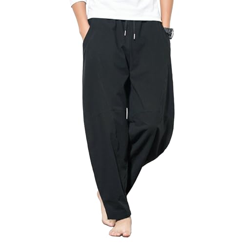 Men's Harem Pants Lightweight Breathable Drawstring Elastic Waist Linen Pants Casual Summer Beach Pants