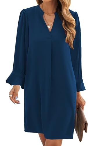 Image of Wkior Womens Fall Ruffle Long Sleeve V Neck Shift Dresses (S-XXL)