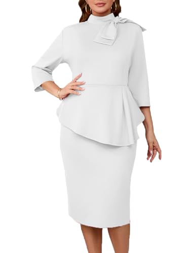 Plus Size Dress for Curvy Women Semi Formal Cocktail Party Midi Dress Bodycon Long Sleeve Bow Ruffle Pencil Dresses,White