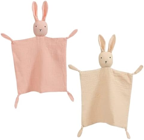 insular Bunny Lovey Blanket for Boys and Girls, Organic Cotton Muslin Security Blanket for Babies, Soft Breathable Lovie Soothing Towel for Newborn and Infant, 2 Pcs Set (Khaki&Pink)