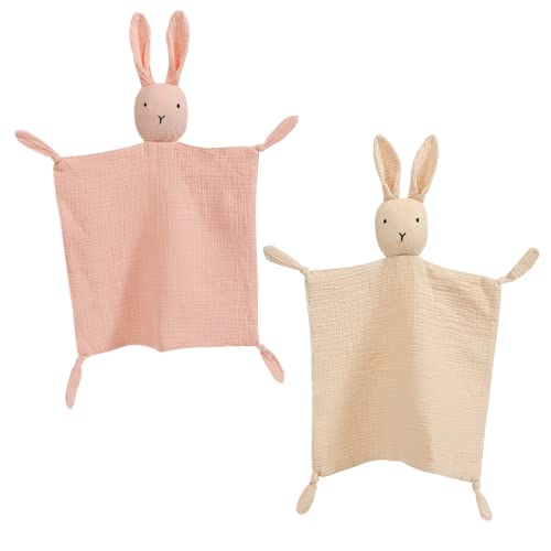 Insular Bunny Lovey Blanket For Boys And Girls, Organic Cotton Muslin Security Blanket For Babies, Soft Breathable Lovie Soothing Towel For Newborn And Infant, 2 Pcs Set (Khaki&Pink) #TOP1