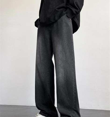 Men’S Straight Leg Korean Style Denim Jeans with Zipper Fly Mid Waist Loose Fit Casual Pants4