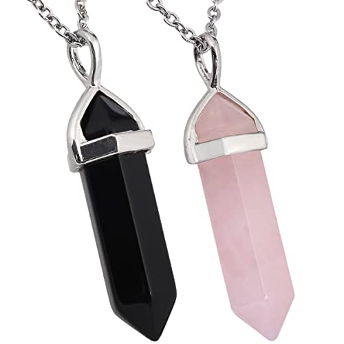 Nupuyai Collar con colgante de piedra hexagonal de 2 piezas para mujeres y hombres, colgante de punta de cristal de protección energética con cadena, Piedra Piedra aleación, Ágata negra y cuarzo rosa Cover