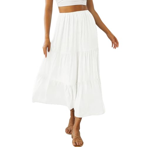 Women’s Summer Boho Elastic High Waist Maxi Skirt Pleated A-Line Flowy Swing Ruffle Tiered Long Beach Skirt Dress