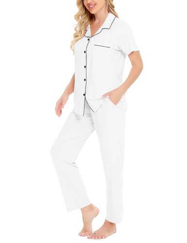 Image of SWOMOG Women Pajama Sets Two-Piece Nightwear Short Sleeve Sleepwear Button Down Pj Lounge Sets with Long Pants