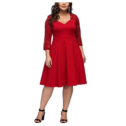 FeelinGirl Mujer Vestido de Noche Encaje Largo Traje Talla Extra Grande Cóctel de Manga Media Cuello V Cintura Alta Rojo XXL/Talla 48-50