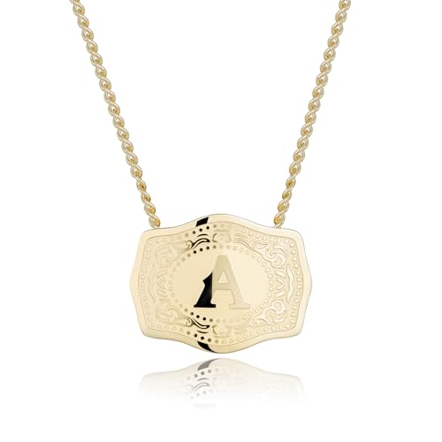 14K Gold-Plated Initial Letter Pendant Necklace with Embossed Belt Buckle, Buy 1 Get 2 Chains, Personalized Necklace for Women and Men