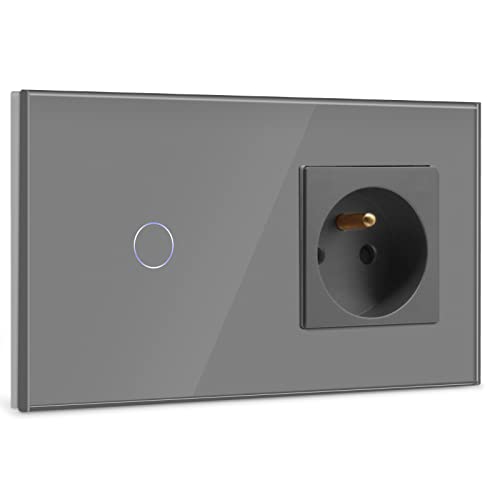 BSEED Interrupteur Tactile avec Prise Murale, Mural Commutateur de Lumière+Schuko Prise Murale 16A Gris,1 Gang 1 Voie Interrupteur Tactile avec Capteur Tactile Panneau Verre Cristal