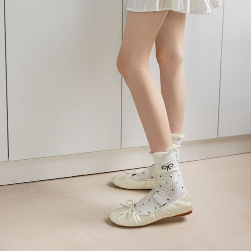 Image of Starella Women's Cute Bow Ruffle Frilly Socks Lace Polka Dot Casual Crew Sock for Flats 4 Pairs