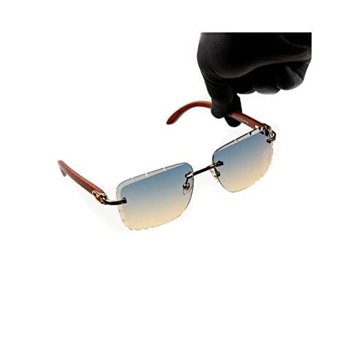 Street Knitted Square Gold Frame Gem Cut Rimless Trendy Cool Blue Tan Gradient Tint Unisex Sun Glasses Men's Retro Hip Hop Gray Brown Woodgrain Rectangle Frameless Diamond Cut Lens Shades Sunglasses