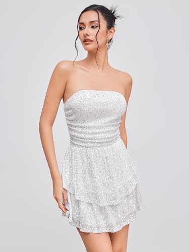 CIDER Women Cocktail Sequin Mini Dress Ruched Square Neck Tube Solid Party Short Dresses2