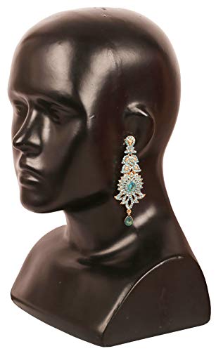 Touchstone "Hollywood Glamour Oscar Collection" Extra Long Chandelier Earrings Indian Paisley Motif Filigree Turquoise Blue Rhinestones Designer Bridal Jewelry In Antique Gold Tone For Women. #TOP4
