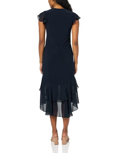 Image of Tommy Hilfiger Women's Flutter Sleeve V-Neck Ruffle Trim Hi-Lo Midi Dress