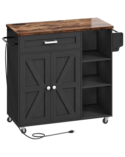 CHOEZON Kitchen Island Trolley with Power Outlet, Spice Rack, Rolling Storage Cart with Drawer, Versatile Island Table with Cabinet, for Dining Room, Black and Rustic Brown MZD02UBFC1