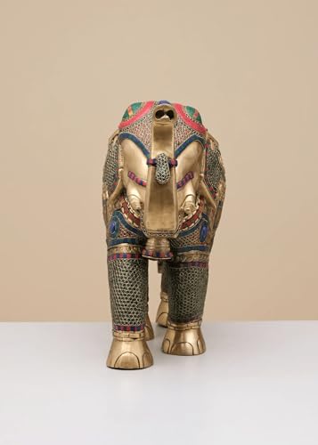 Image of Grand Brass Elephant Statue | Heavy Decorative Sculpture with Intricate Inlay Work | Solid Statement Piece for Luxury Interiors Entryway Accent and Gifting | Height 29 Inches
