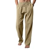 Pewiso Men's Casual Linen Pants Drawstring Elastic Waist Summer Yoga Beach Pants Lightweight Loose Trousers Kahki
