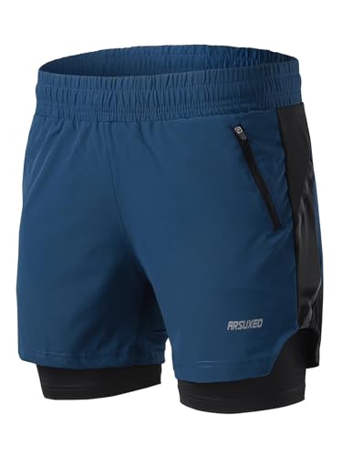 ARSUXEO Men's 2 in 1 Active Running Shorts Athletic Workout Shorts with 2 Zipper Pockets