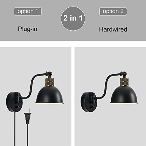 Plug In Wall Sconce Set Of 2 Swing Arm Wall Lamp With Dimmable Switch, Black Farmhouse Hardwired Wall Sconce Industrial Vintage Wall Mounted Light For Bedroom Reading, 2 In 1 Install #TOP4