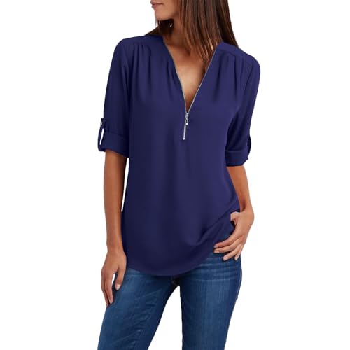 Camisetas de manga larga con botones para mujer, camisa suelta de gasa con cremallera, manga larga, tallas grandes, azul marino, XXL