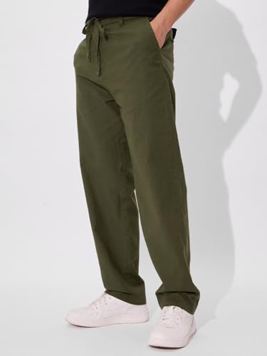 Image of The Souled Store Linen Pants: Men and Boys Drawstringed Solid Straight Fit Summer Ready Lightweight Casual Cotton Linen Pants