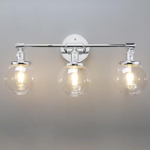 Image of Phansthy 3-Light Wall Sconces Antique Brass Vanity Light, Industrial Wall Lamps with On Off Switch and Clear Glass Lampshade, Vintage Wall Lighting for Bathroom Living Room (Chrome, Globe Shade)