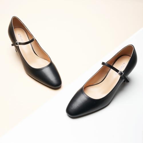 C.Paravano Women's Pumps Mary Jane Pumps Closed Almond Toe Block Heels Adjustable Strap Fashion Causal Party Shoes(Black,7.5)2