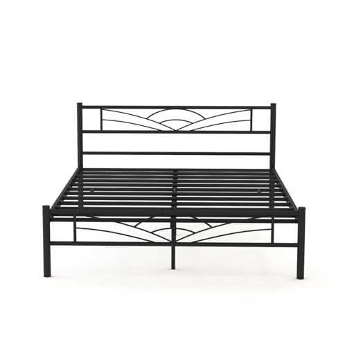 Image of Metal Frame King Size Platform Bed for Bedroom | Heavy Duty Metal Bed for Home | Hotel | Hostel | Black | 82 x 76 x 40 inch