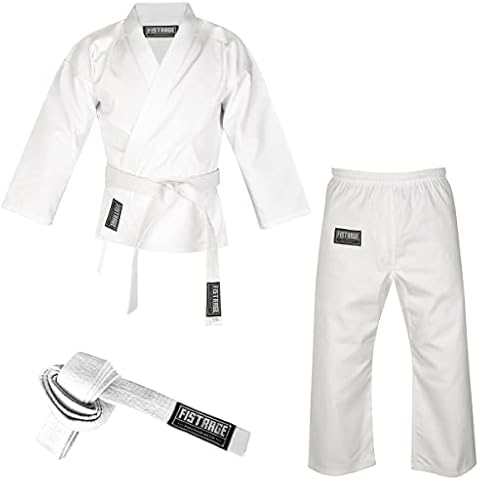 FISTRAGE Karate Gi 8 oz Lightweight Uniform with Belt Soft Poly Cotton Blend Fabric for Martial Arts Beginner Training Suit (White, 3) Cover