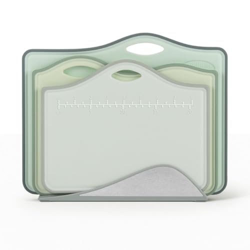 CLOVE Color-Coded Plastic Chopping Boards Set with Stand in Stainless Steel, Non-Slip BPA-Free Cutting Boards for Kitchen, Large Small Black Grey, Dishwasher Safe, Built-in Handle (S)