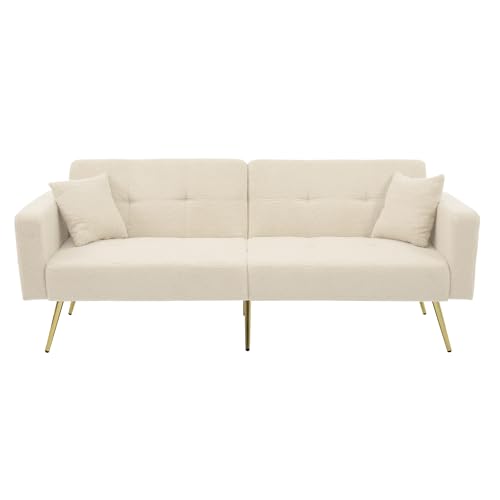 staronce Sofá cama con función de cama de 175 cm – Sofá ajustable (105 – 180°) con patas doradas y bolsillos laterales, color beige – Cama de invitados que ahorra espacio para pequeños apartamentos